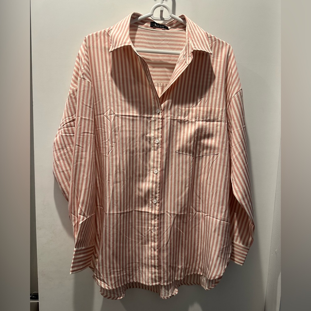 BTFBM Red and White Pin Stripe Button Down Dress Shirt Oversized - M